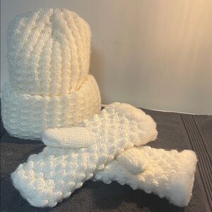 Cozy White Knit Hat and Mittens Set